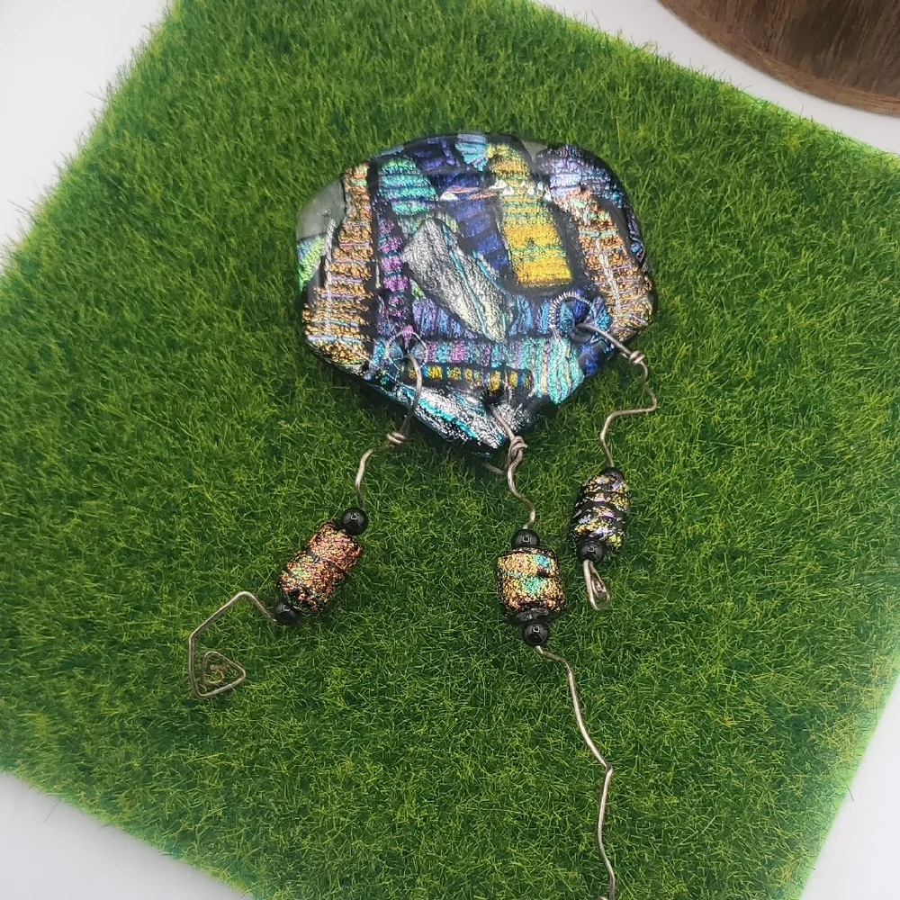 Vintage Signed 1997 Dichroic Art Glass Brooch Pin Fused Abstract Dangle B447